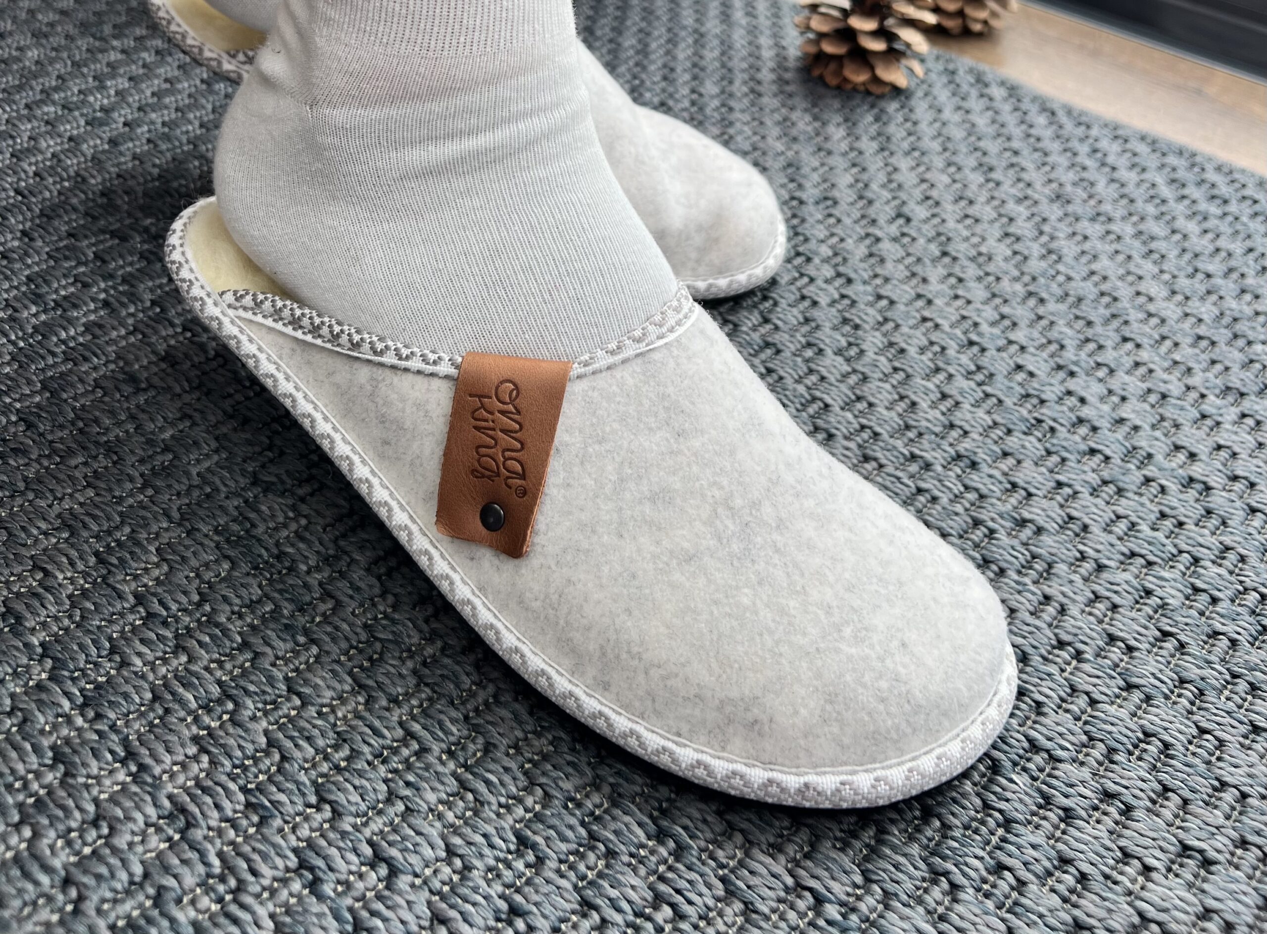 Impressive grey natural wool rolled slippers HALA