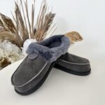 WoolLando women's leather slippers with natural fur GRAFITTY