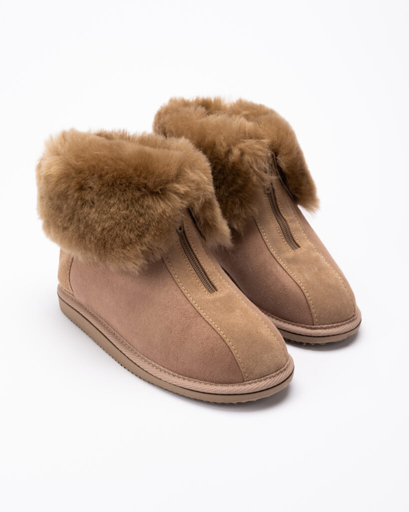 WoolLando women's genuine fur leather zipped boots BROWN