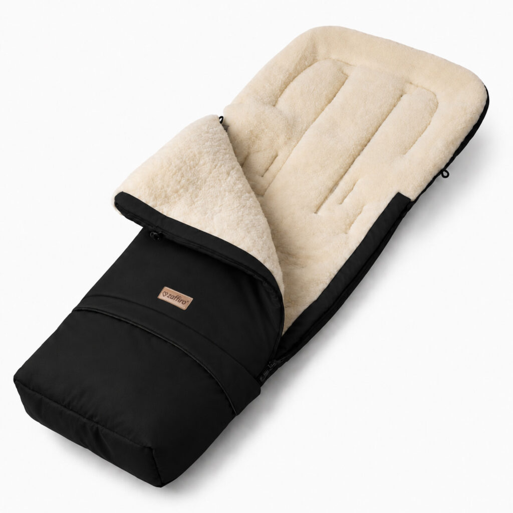 Natural wool black baby footmuff / sleeping bag with extension, Zaffiro
