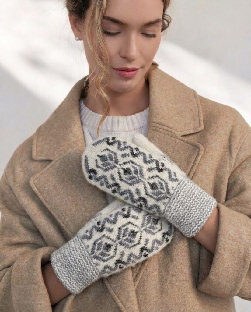 Women’s white merino wool mittens SNOWFLAKE, WoolLando