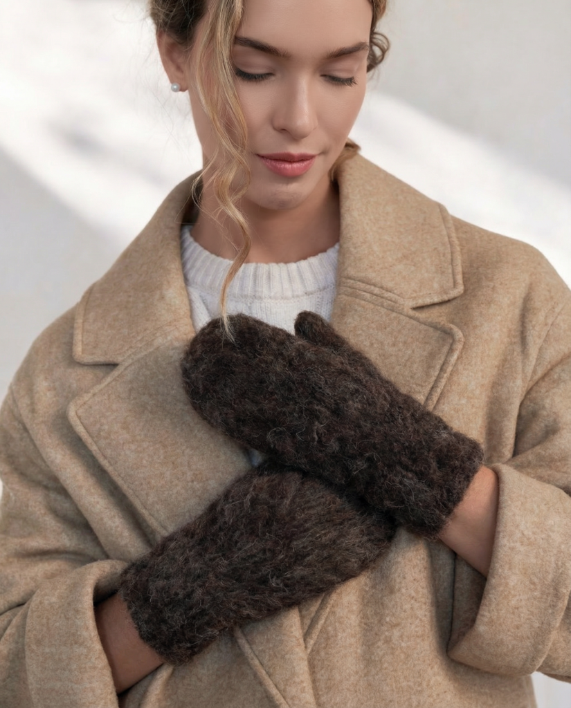 Dark brown 100% dog wool mittens “unisex”, WoolLando