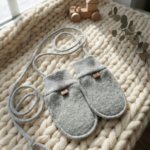 Children’s grey lamb wool mittens with string, Zaffiro