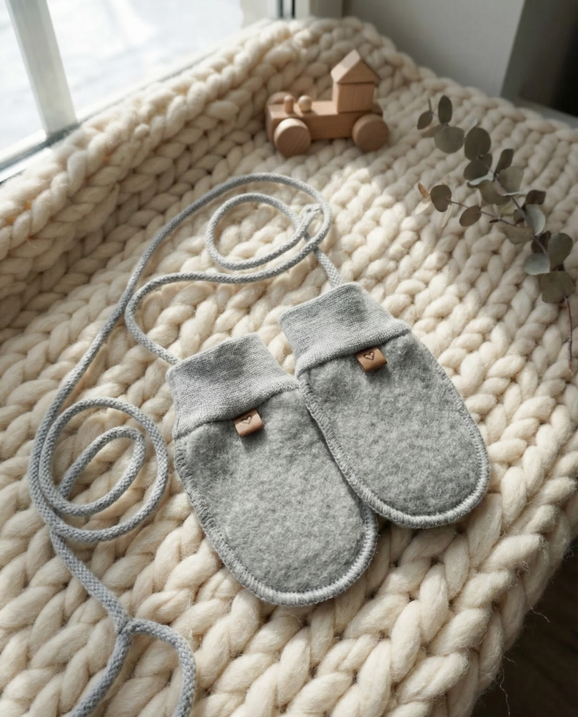 Children’s grey lamb wool mittens with string, Zaffiro