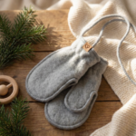 Children’s grey lamb wool mittens with a string, Zaffiro