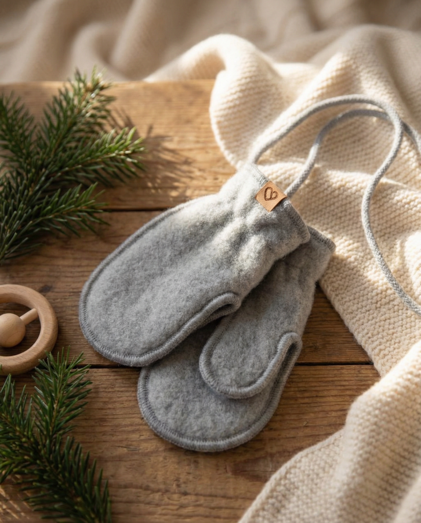 Children’s grey lamb wool mittens with a string, Zaffiro