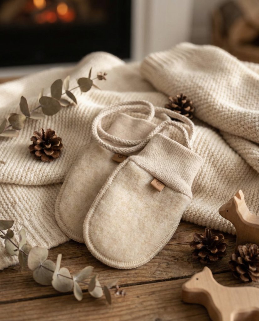 Children’s cream lambswool mittens with a string, Zaffiro