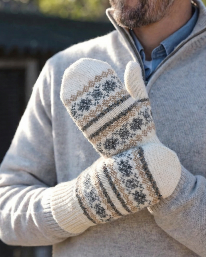 Men’s white merino wool mittens WINTER, WoolLando