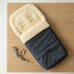 Natural wool dark grey baby footmuff / sleeping bag with extension, Zaffiro