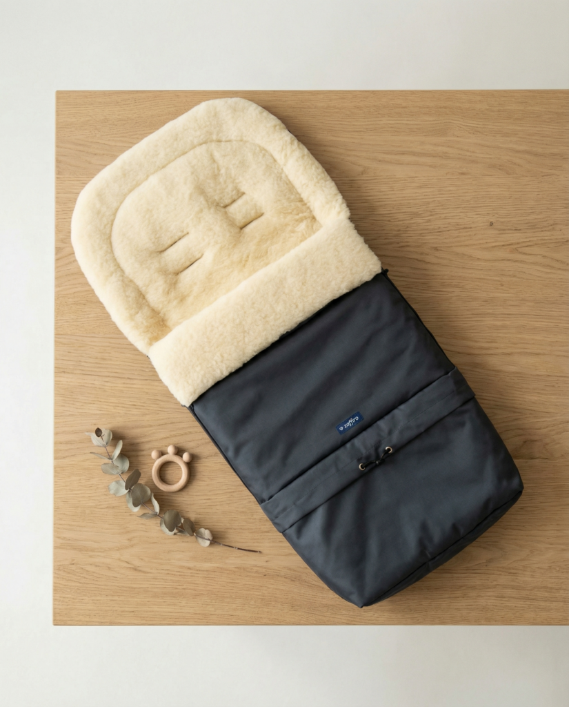 Natural wool dark grey baby footmuff / sleeping bag with extension, Zaffiro
