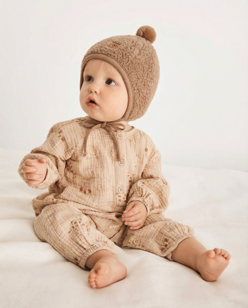 Children’s brown lamb wool hat with pom-pom, Zaffiro