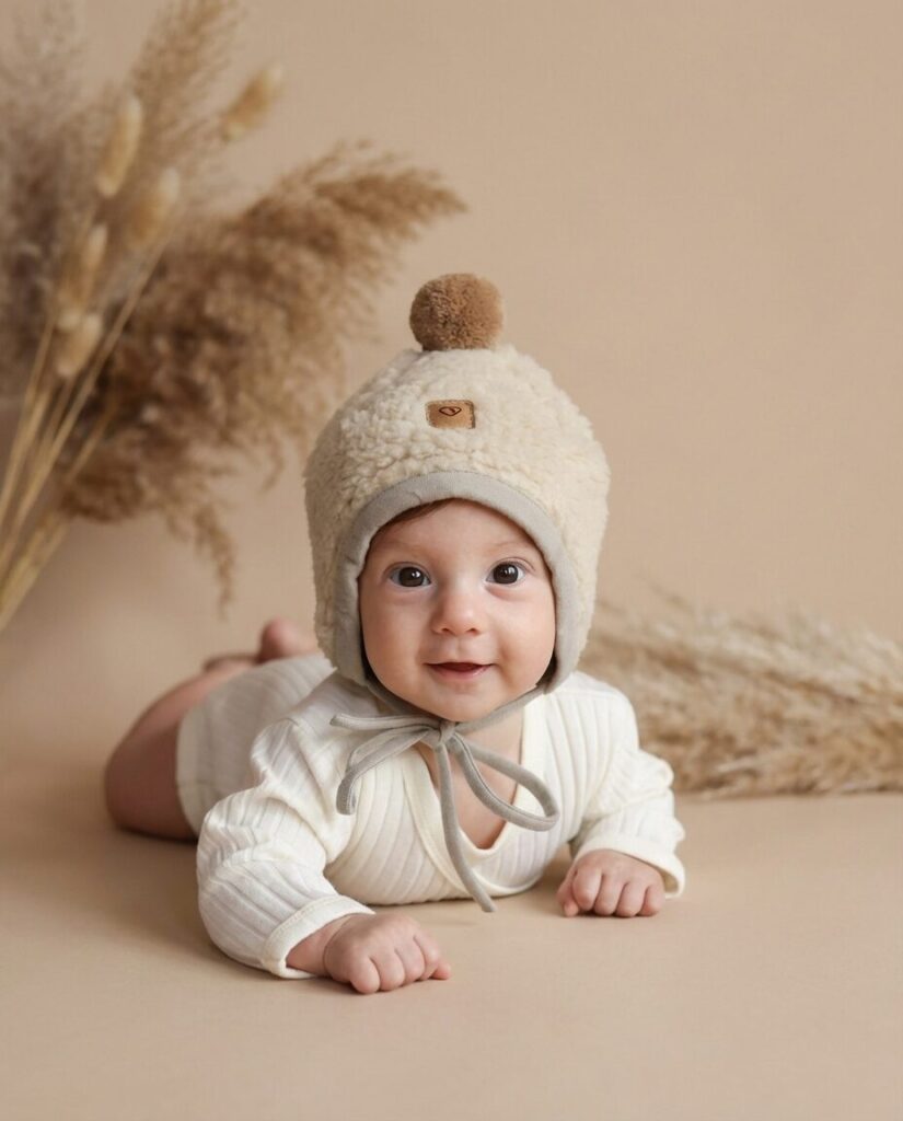 Children’s cream lamb wool hat with pompom, Zaffiro