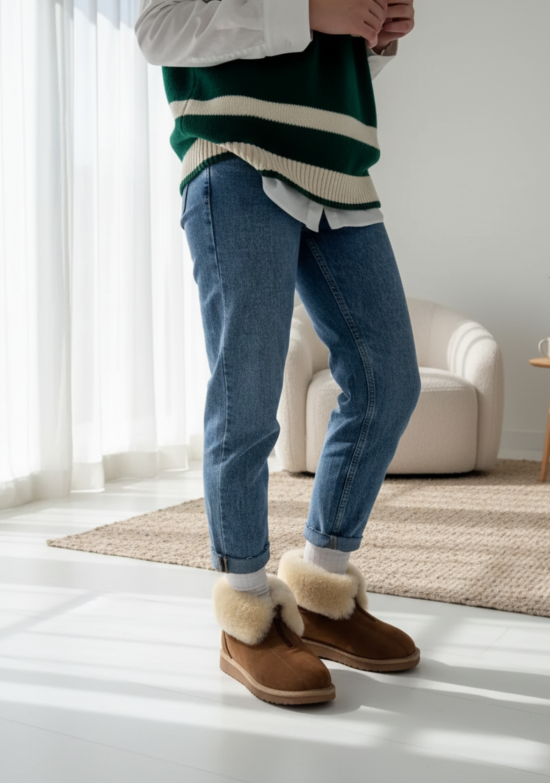 Women’s natural fur zip-up brown leather ankle boots AURA, WoolLando