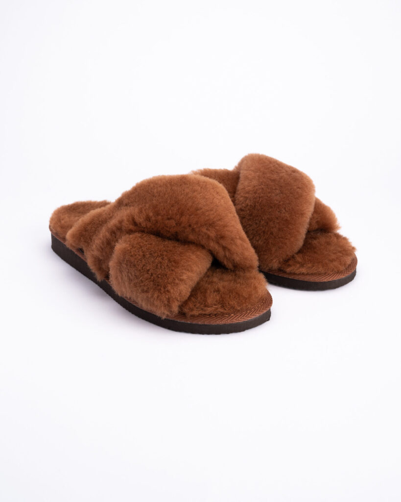 Women’s brown natural fur open slippers ELVA, WoolLando