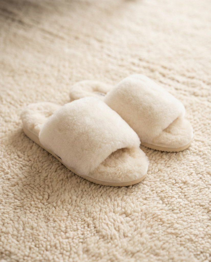 Women’s natural fur slippers VELA, WoolLando