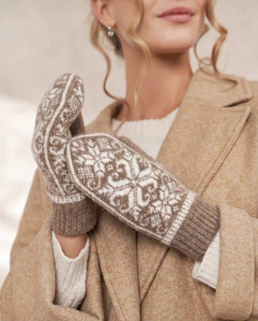 Women’s brown merino wool mittens SNOWFLAKES, WoolLando