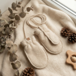 Children’s cream lamb wool mittens with string, Zaffiro