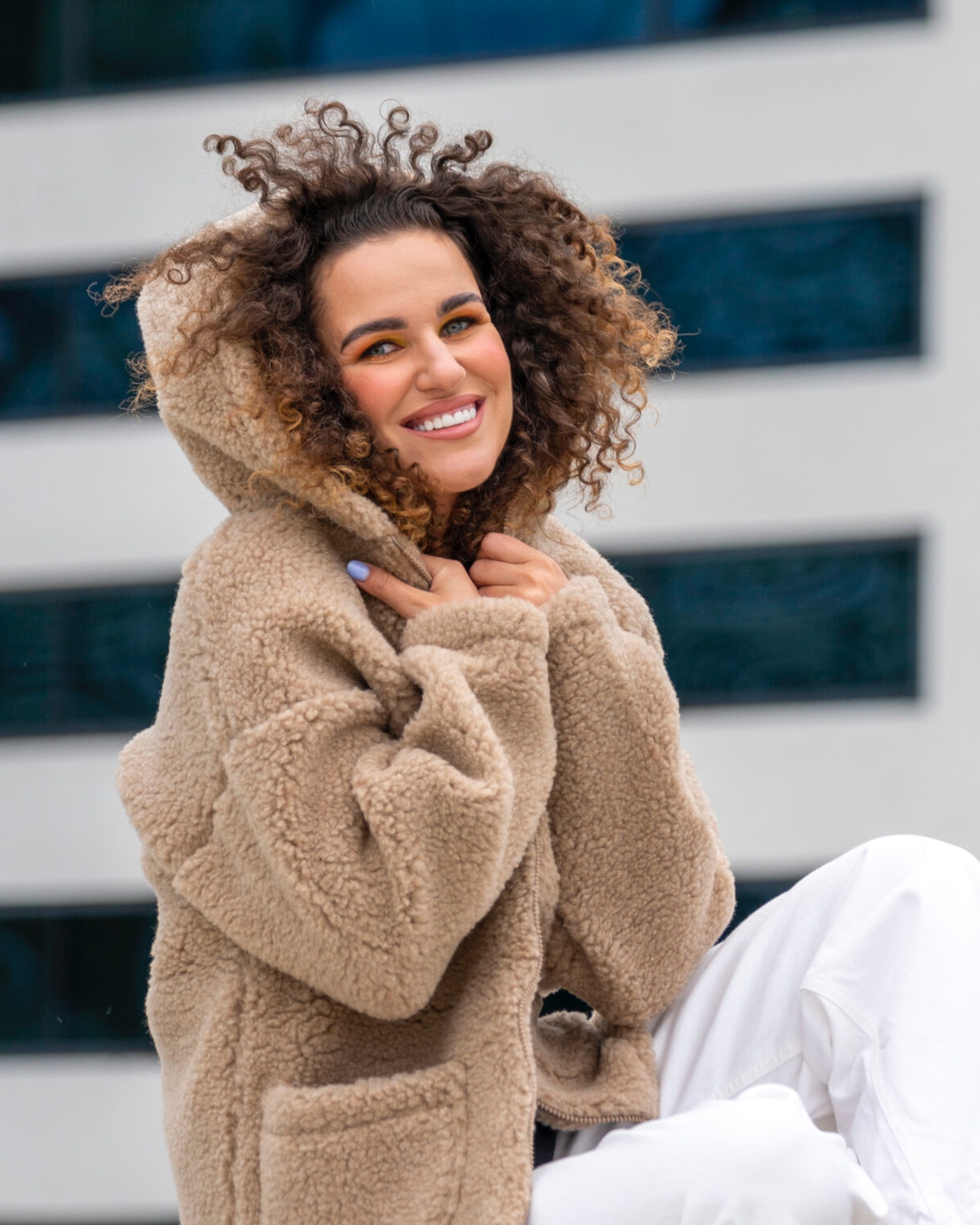 Brown women’s lamb wool jacket with hood Zoya, Zaffiro