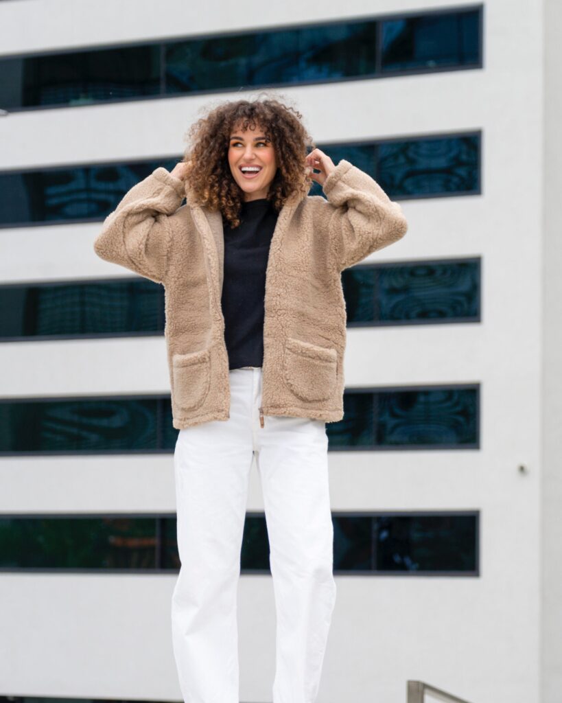 Brown women’s lamb wool jacket with hood Zoya, Zaffiro