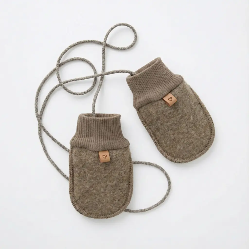 Children's brown sheepskin wool mittens with string, Zaffiro