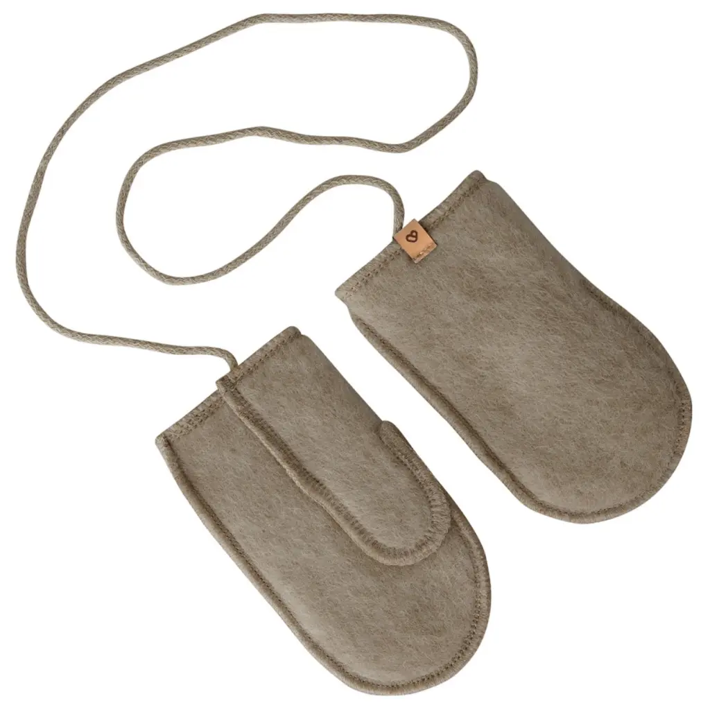 Children's brown lambswool mittens with string, Zaffiro