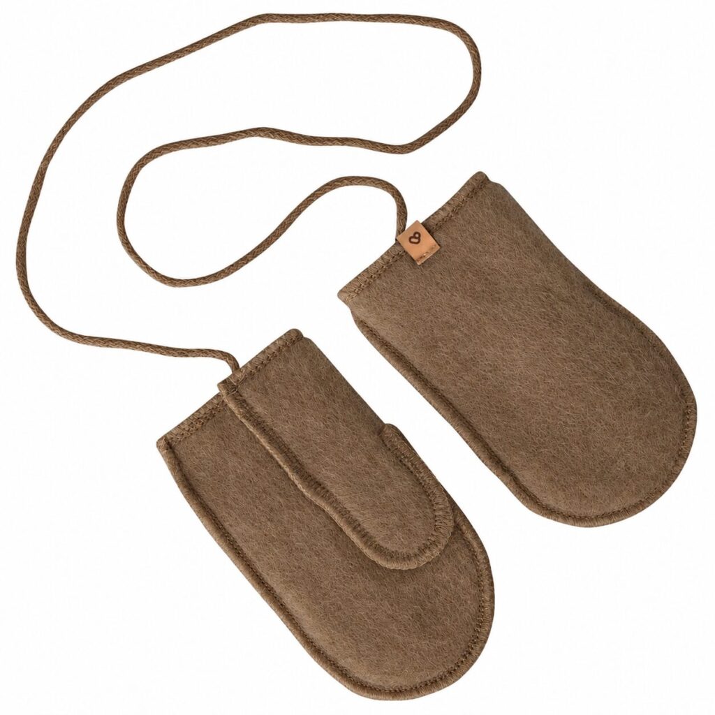 Children's brown lambswool mittens with string, Zaffiro