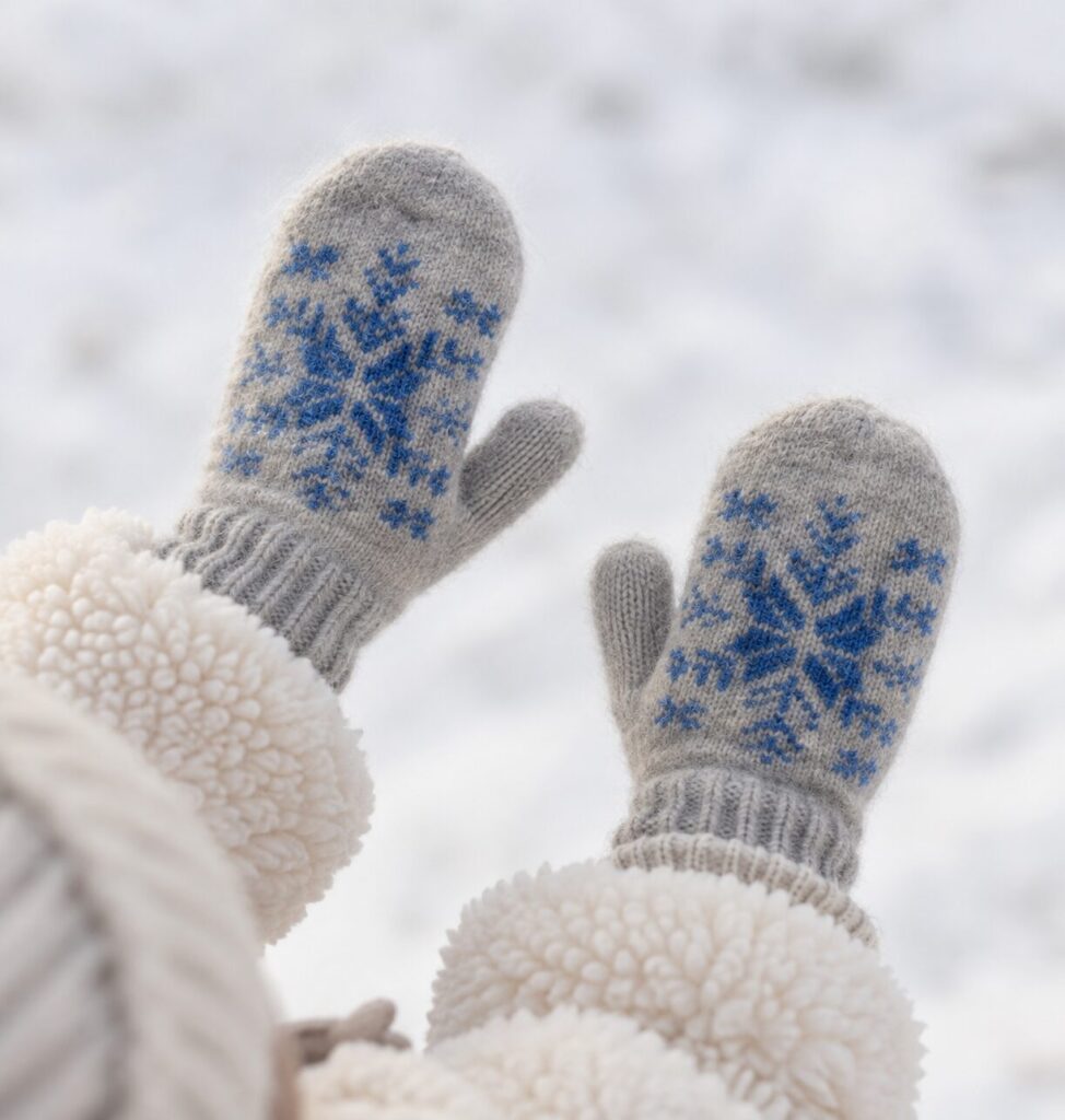 Children’s wool mittens BLUE SNOWFLAKES, WoolLando